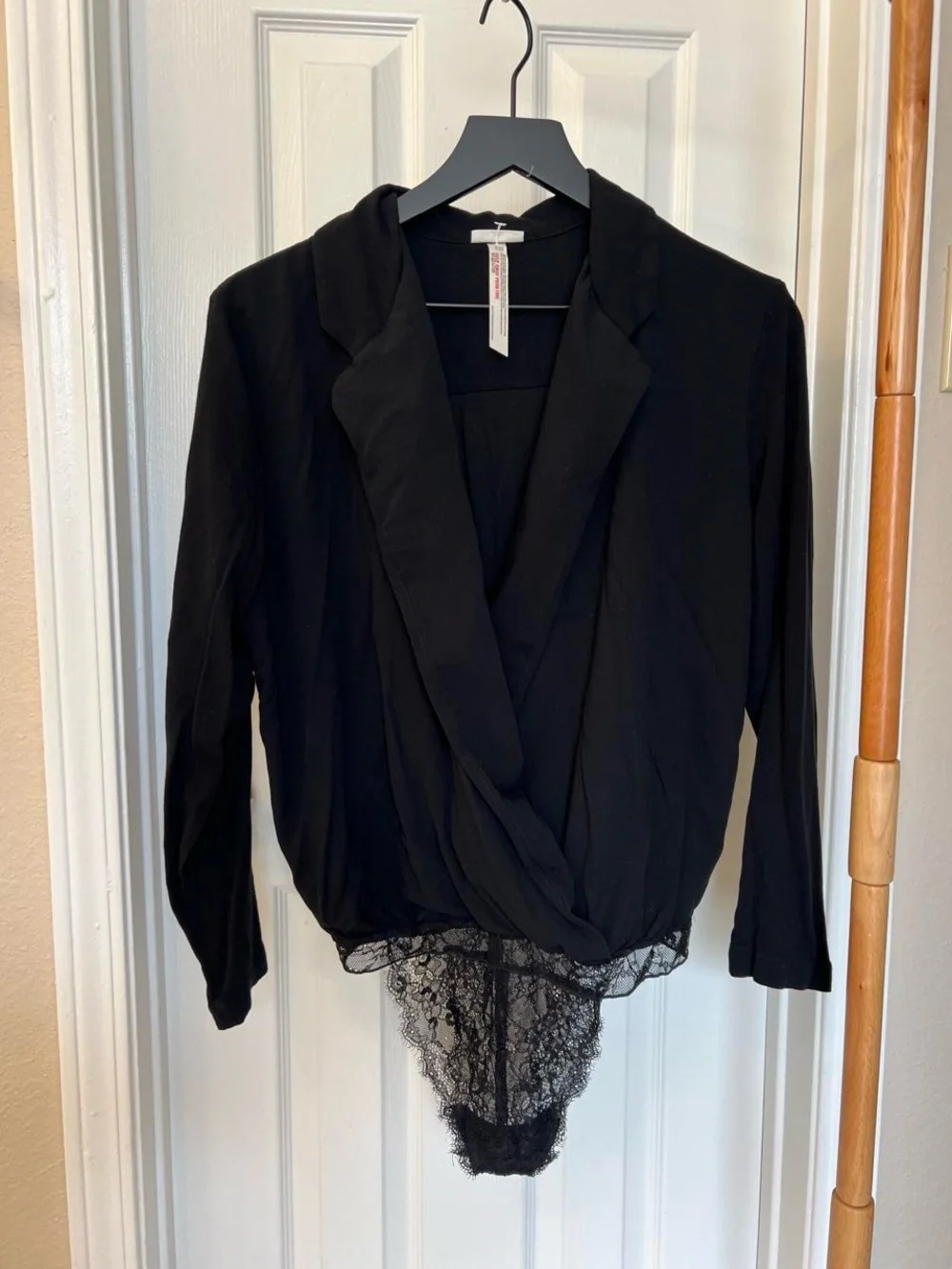 Free People Black Lace-Trim Wrap Bodysuit